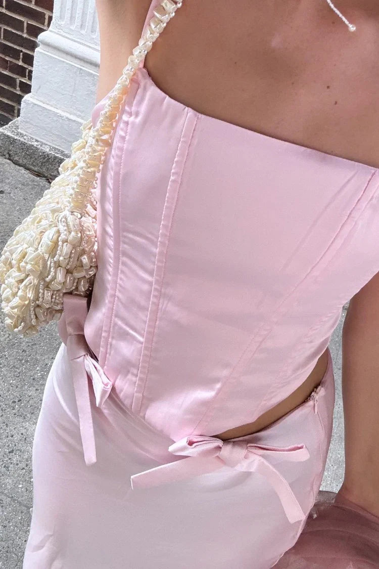 Azriel Pink Satin Bow Maxi Skirt