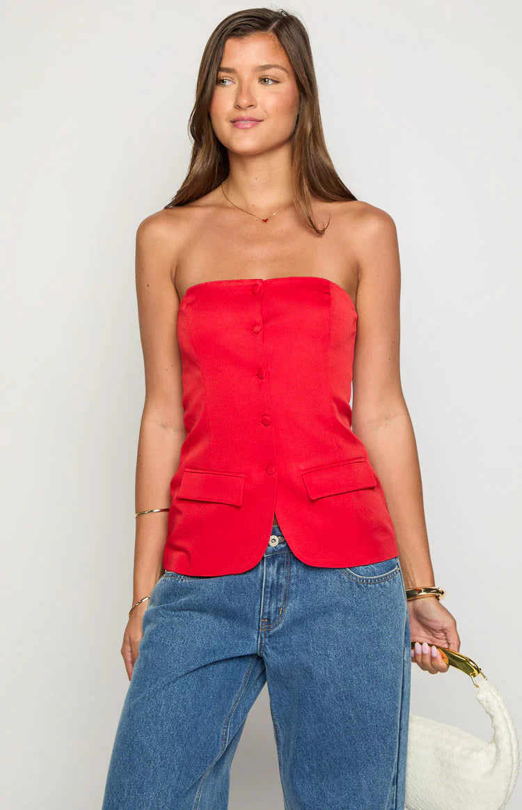 Dien Red Strapless Button Up Top