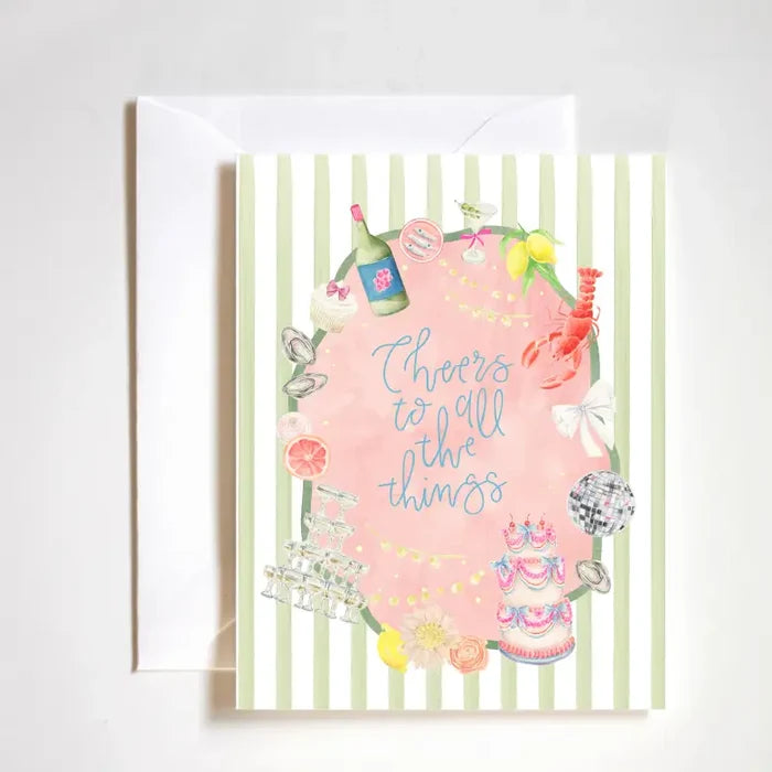 "Party All the Things Card" – Luxe A2 celebration card with fun, modern party illustrations
"Cheers for Everything" – Textured greeting card with festive design and white envelope
"Ultimate Celebration Card" – Boutique-style card for birthdays, bachelorettes, and all happy occasions