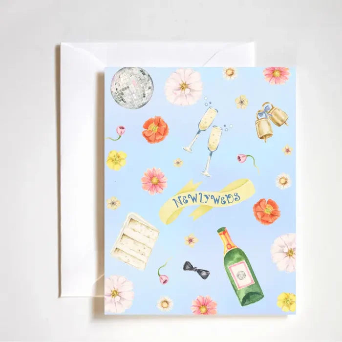 "Wedding Party Vibes Card" – Luxe A2 celebration card with icons like cake, bubbly, disco balls, and more
"Bridal Celebration Stationery" – Chic wedding-themed card featuring fun party elements
"Bachelorette Bash Card" – Playful boutique card with bridal shower and wedding day motifs