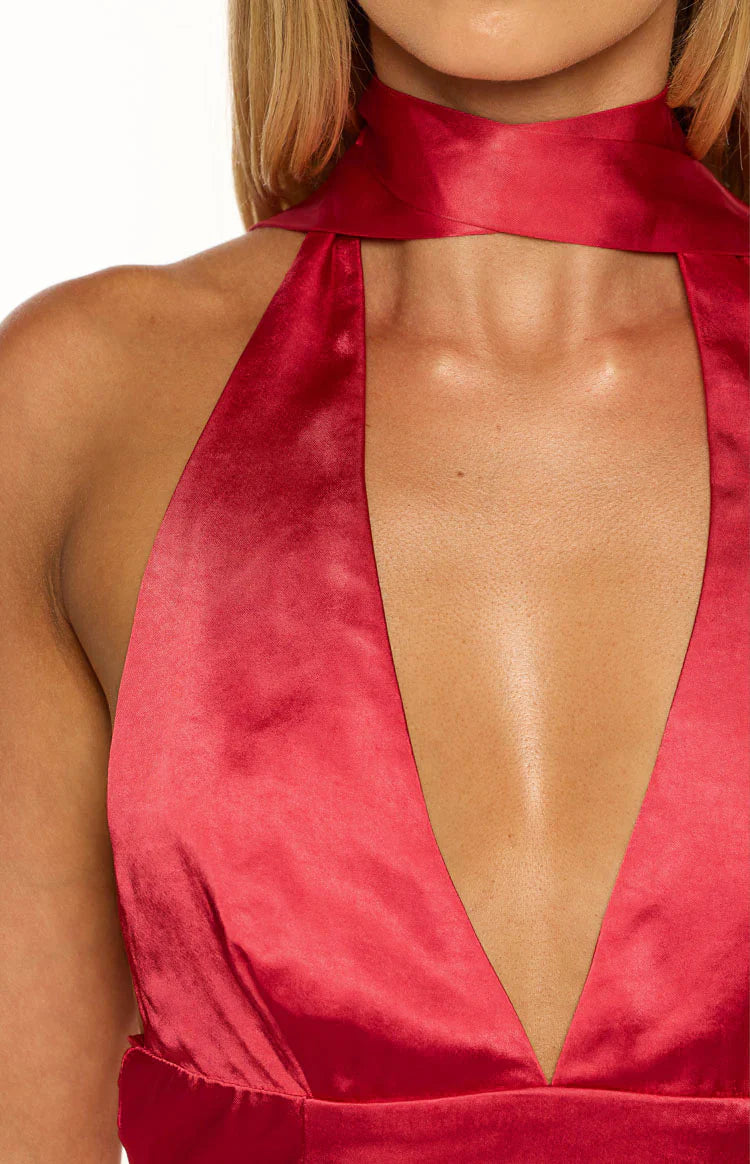 Wendy Red Satin Halter Scarf Mini Dress