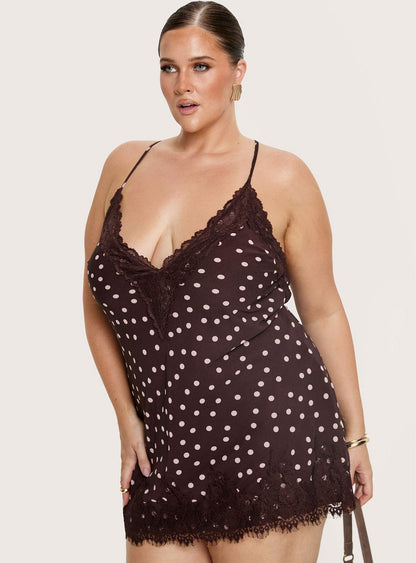 Call My Lover Lace Slip Mini Dress Brown Polka Curve