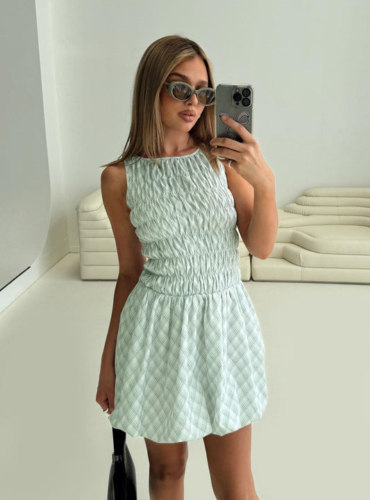 Demure Shirred Bubble Hem Mini Dress Check