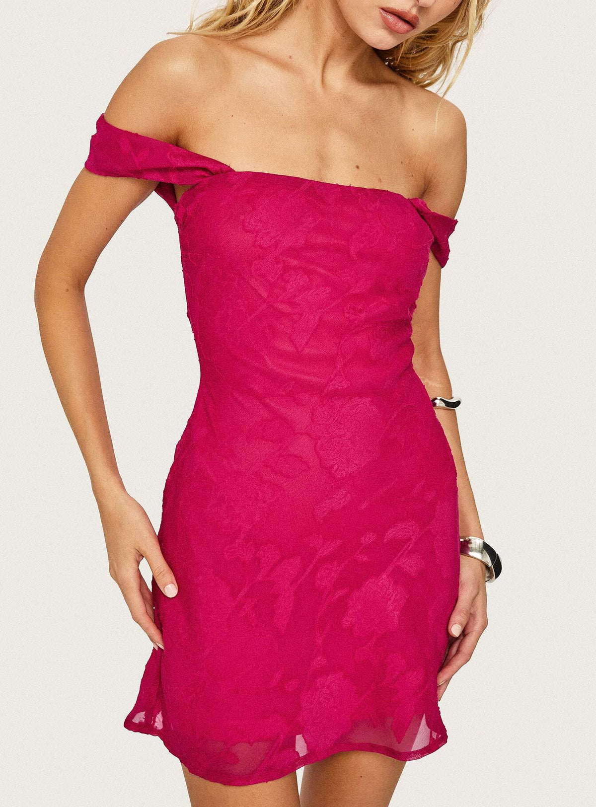 Bold Ambition Off The Shoulder Mini Dress Hot Pink