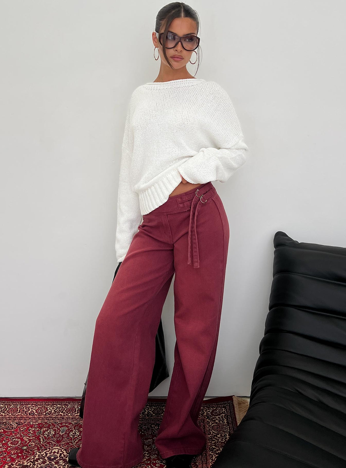 Boxie Mid Rise Wide Leg Jeans Washed Burgundy