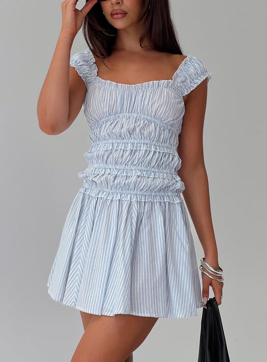 Wonderlust Shirred Mini Dress Blue Stripe