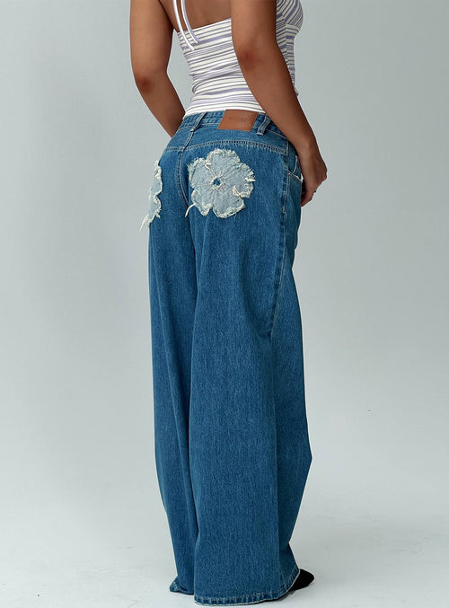 A Keeper Flower Patch Low Rise Wide Leg Jeans Mid Blue