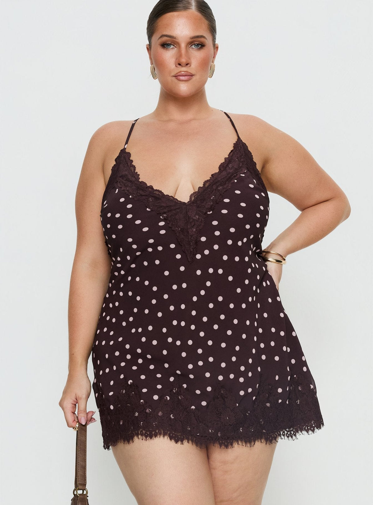 Call My Lover Lace Slip Mini Dress Brown Polka Curve