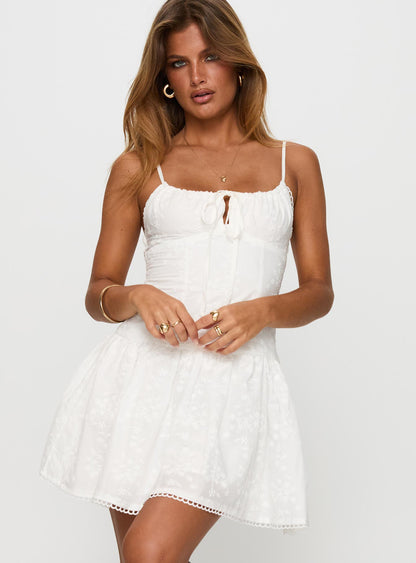 Peonies Embroidered Mini Dress White