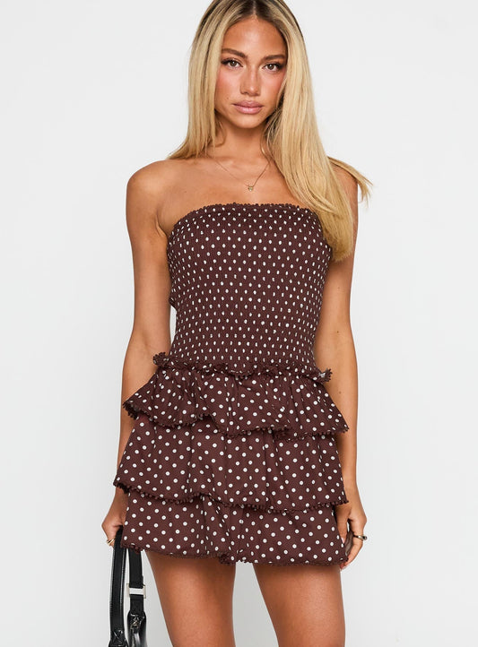 Sunkiss Frill Mini Dress Brown Polka