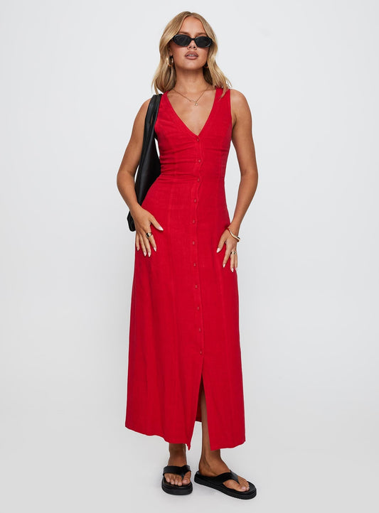 Summer Season Linen Blend Maxi Dress Red