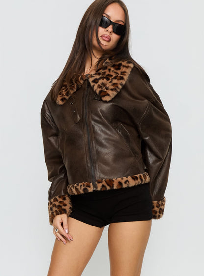 Brandyn Faux Fur Trim Jacket Brown / Leopard