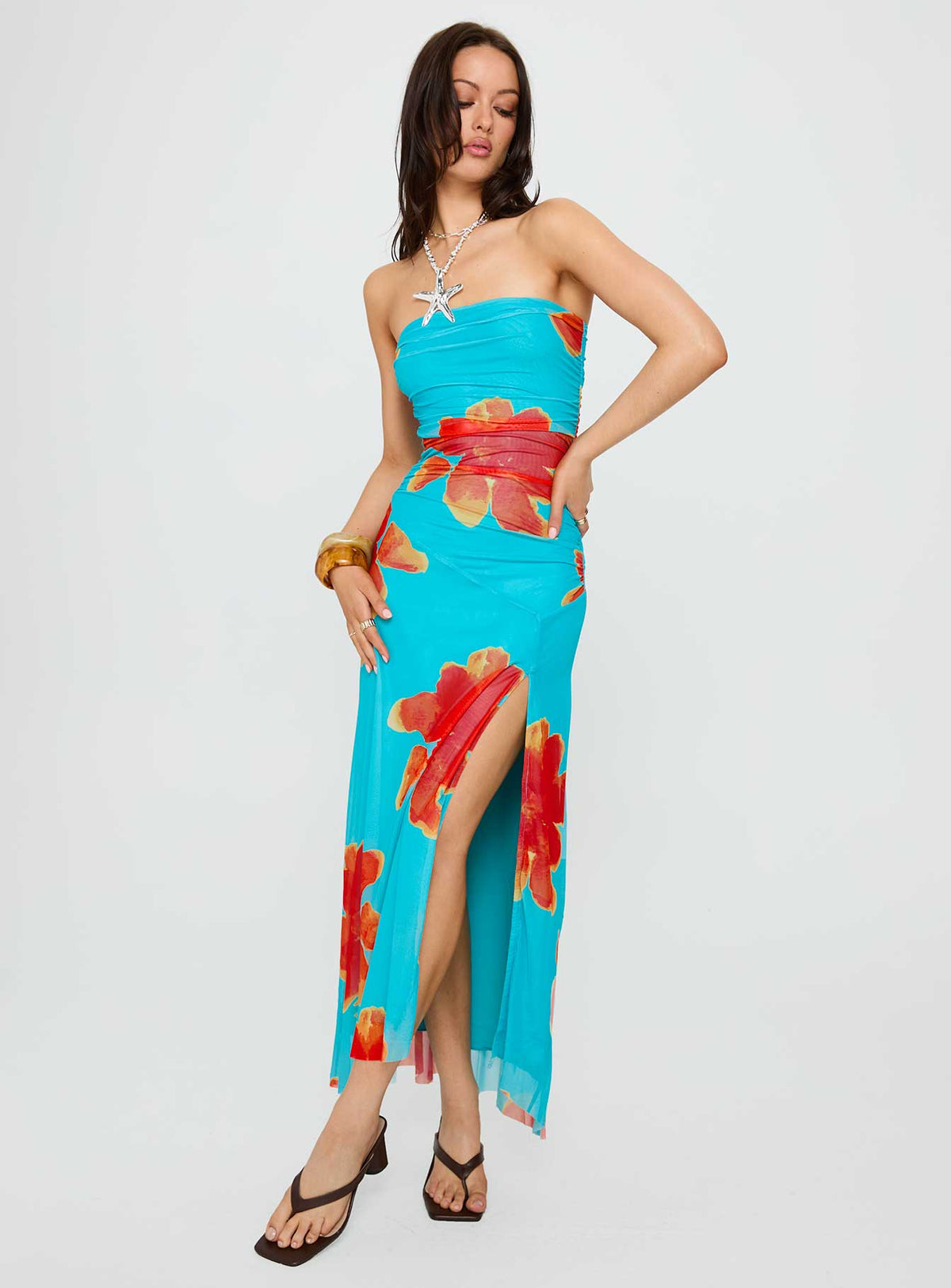 Katara Strapless Maxi Dress Blue / Orange Floral