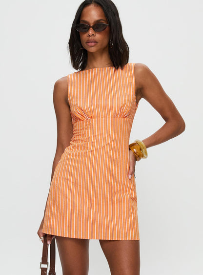 Ellesandra Boat Neck Mini Dress Orange Stripe