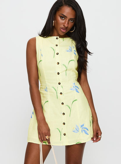 Dollie Linen Mini Dress Yellow Floral