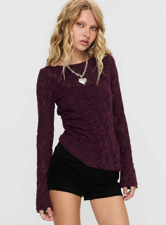 Branna Ruched Lace Long Sleeve Top Plum