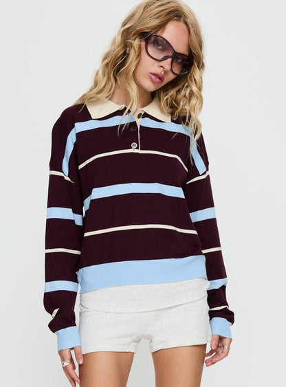 Aiyanna Collared Rugby Jersey Brown / Blue Stripe