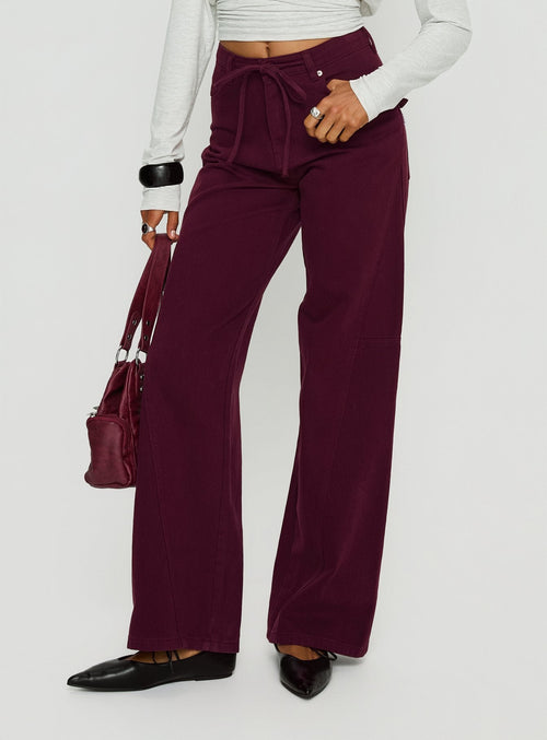 Bruiser Tie Waist Mid Rise Wide Leg Jeans Currant
