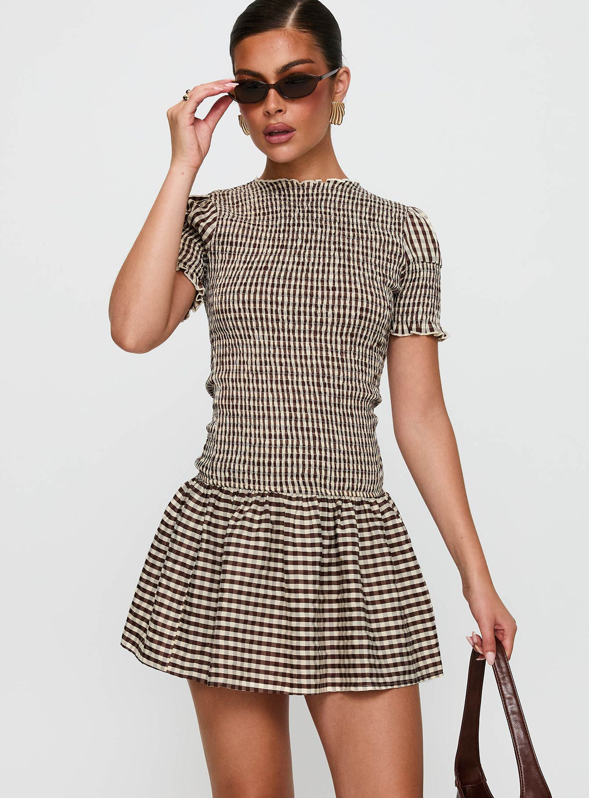 Laurita Shirred Mini Dress Brown Check
