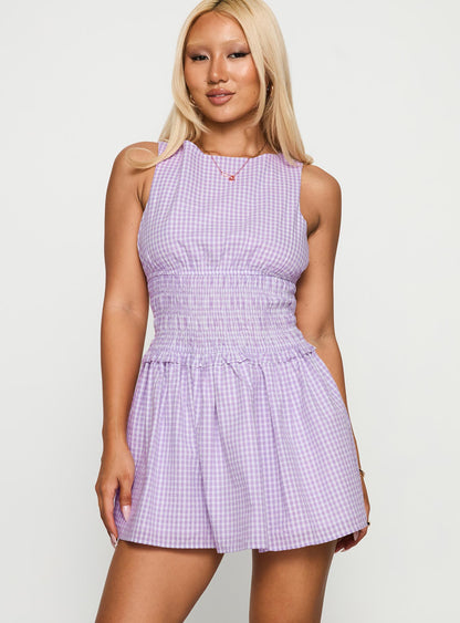 Yennifer Shirred Mini Dress Purple Check