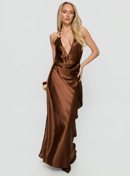 Annissa Plunge Halter Maxi Dress Dark Brown