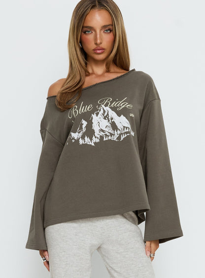 Blue Ridge Mountains Off Shoulder Graphic Sweater Grey