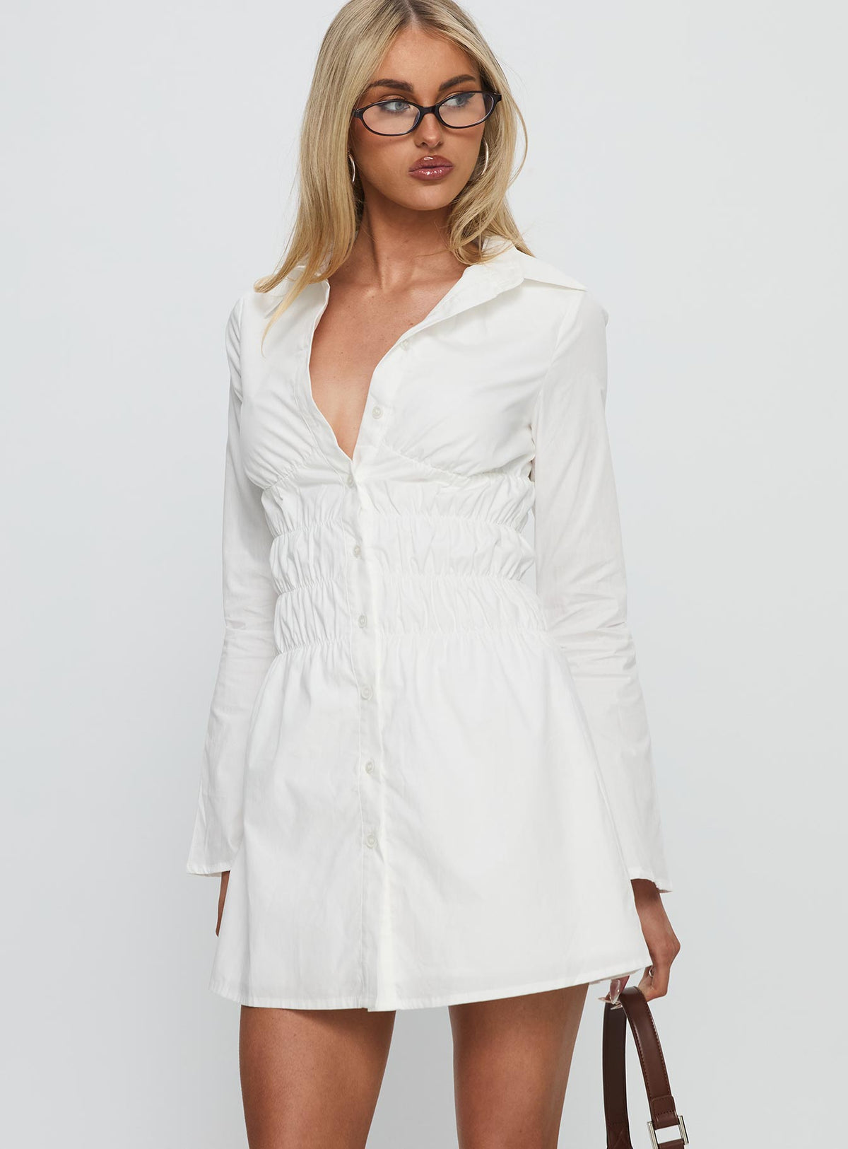 Stellaria Ruched Long Sleeve Mini Dress White