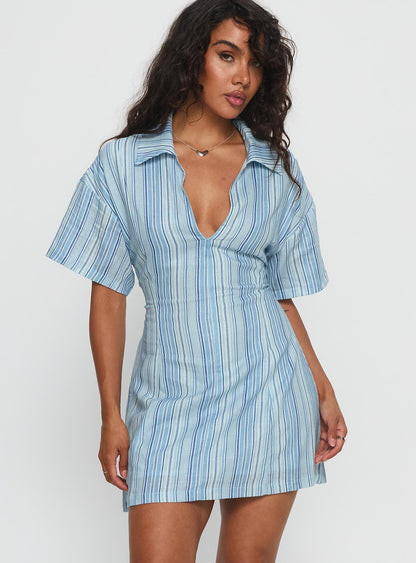 Wylla V Neck Linen Mini Dress Blue Stripe
