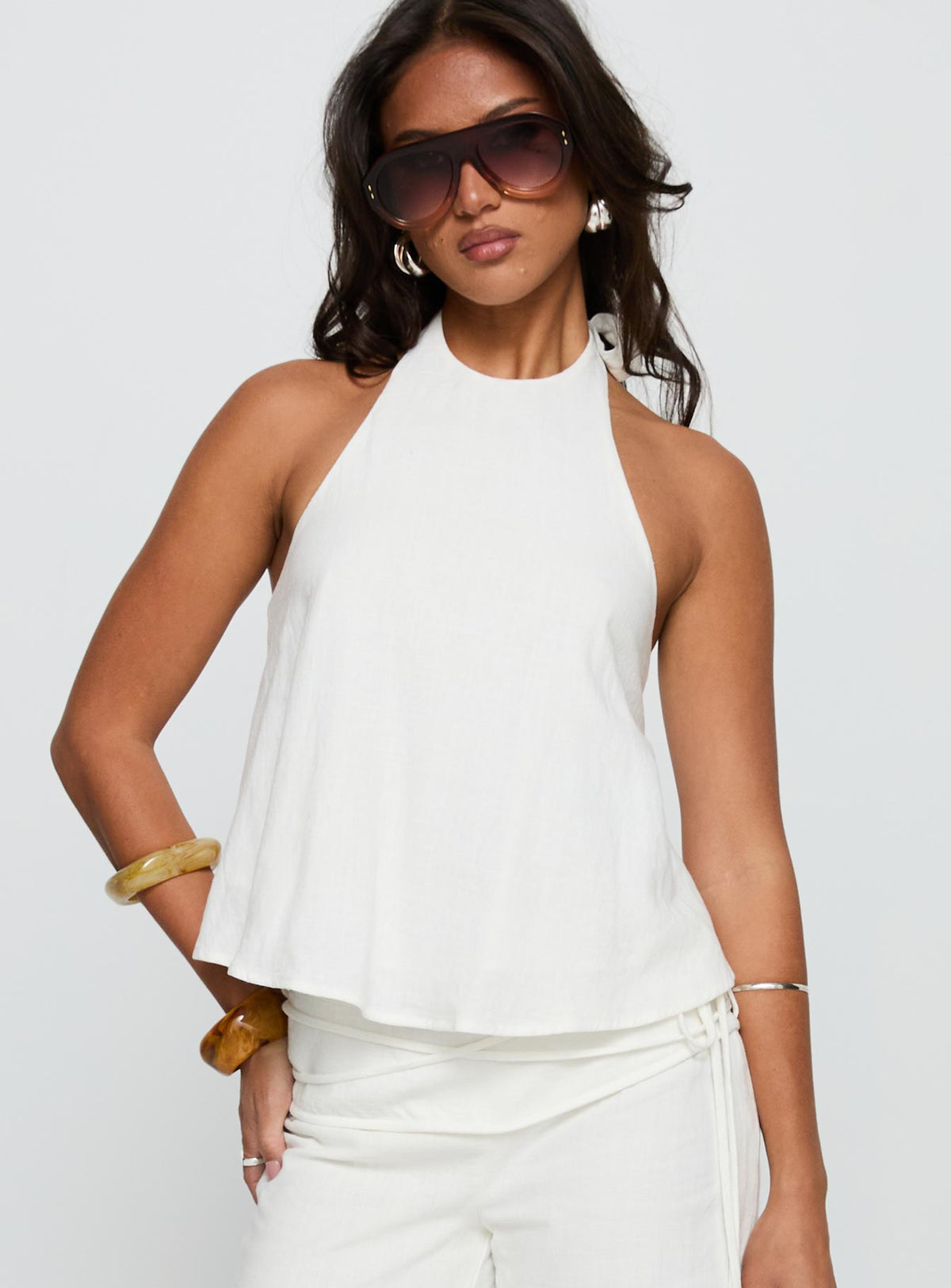 Aquaria Halter Linen Blend Top White