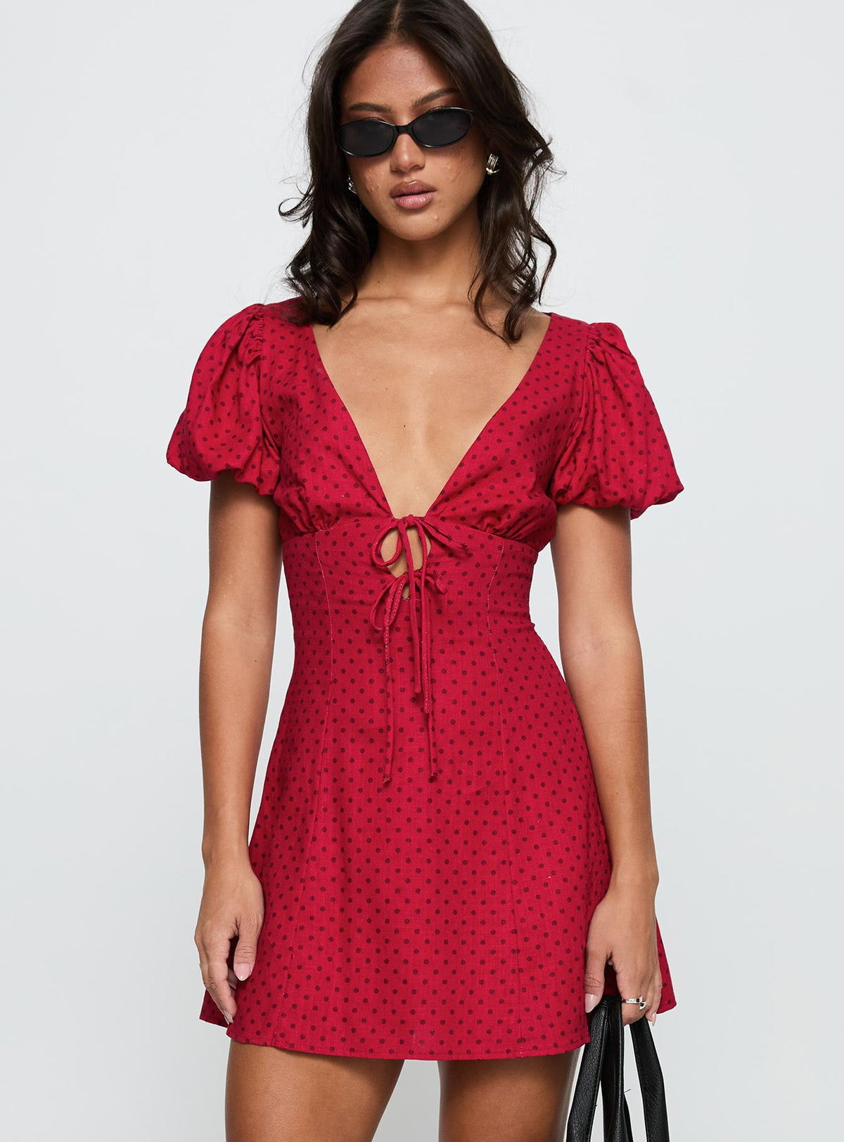 Beloved Puff Sleeve Linen Blend Mini Dress Red Polka