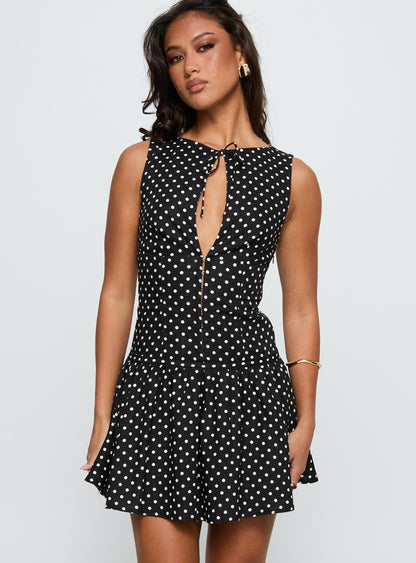 Alissea Keyhole Linen Blend Mini Dress Black Polka