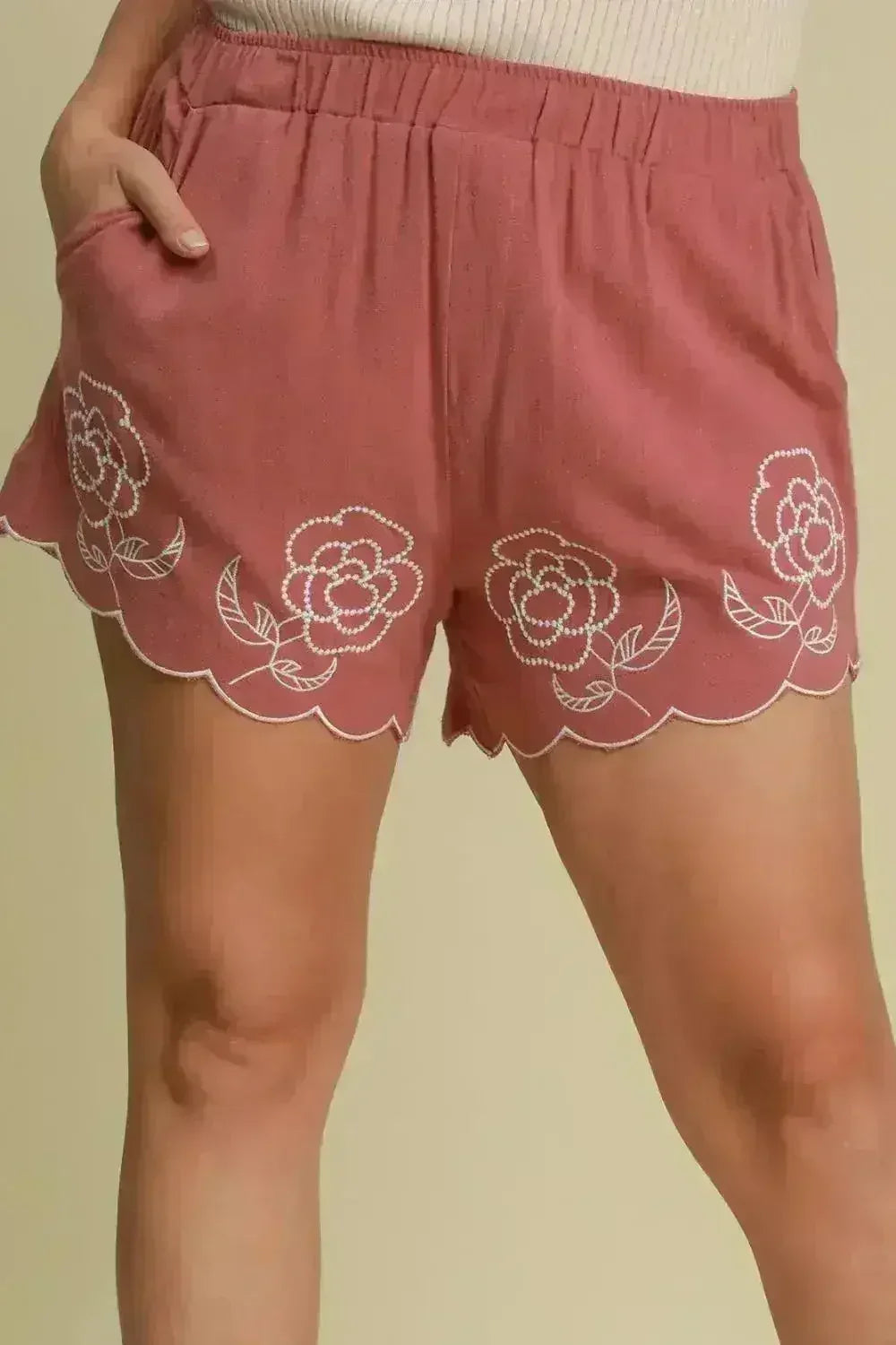 Umgee Full Size Linen Blend Shorts with Floral Embroidered Details