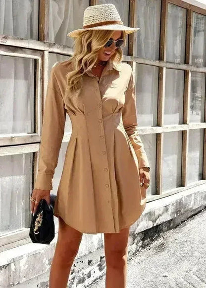 Khaki Solid Shirt Dress - Versatile Commute Wear | Femstylo