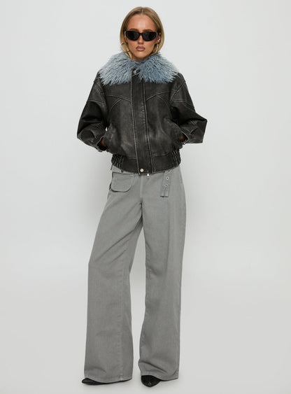 Brittanni Fluffy Collar Jacket Black / Blue