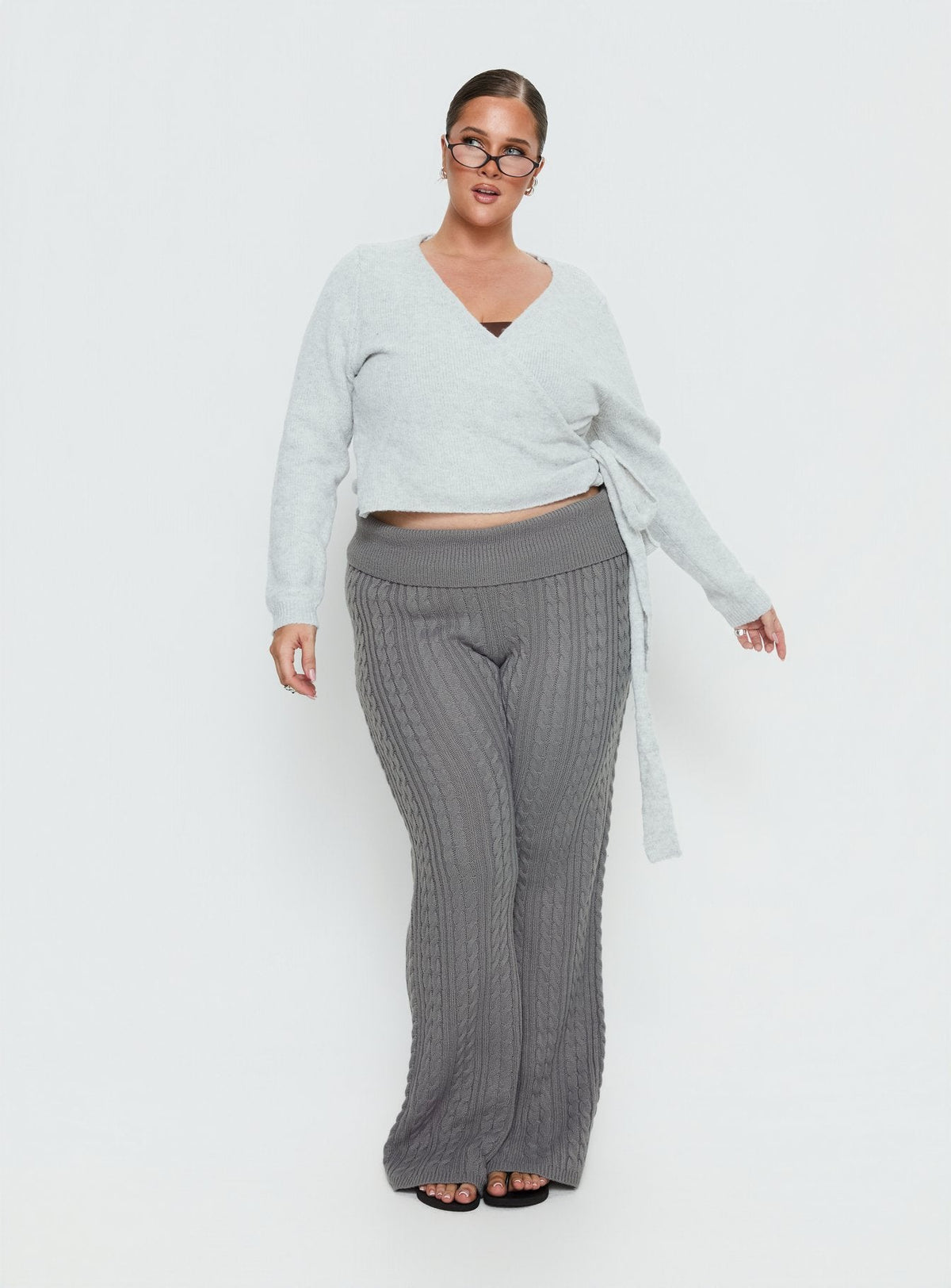 Baleigh Cable Knit Foldover Pants Grey Curve