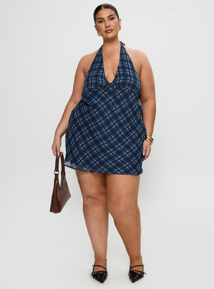 Laraline Halter Mini Dress Navy Check Curve