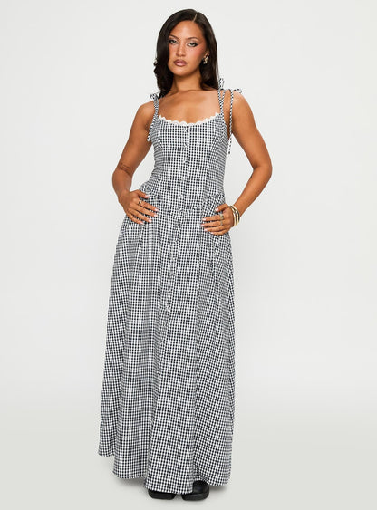 Dalanie Tie Strap Maxi Dress Navy Gingham