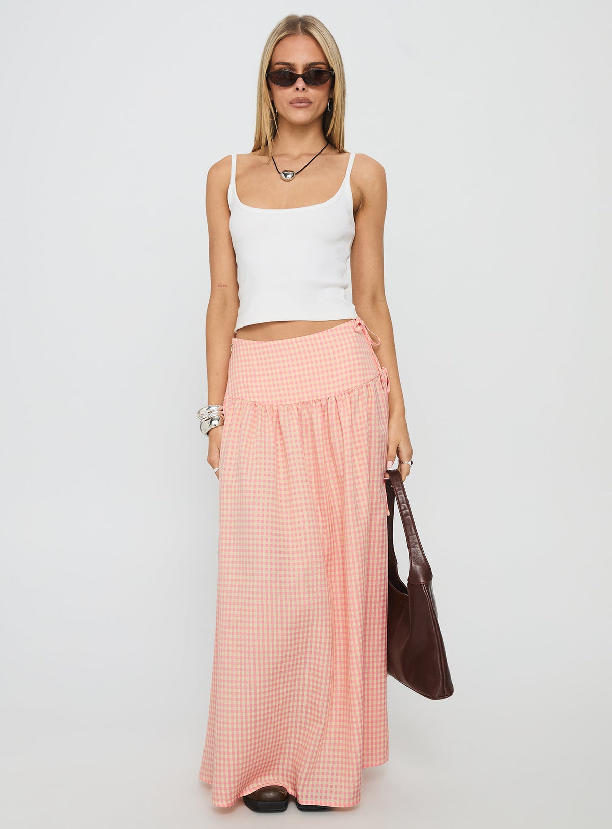 Analeah Tie Side Midi Skirt Orange Check