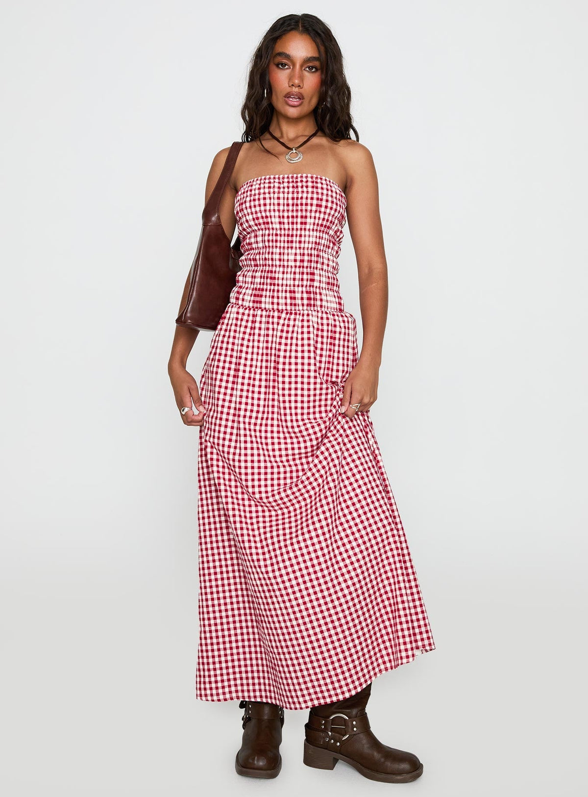 Human Nature Strapless Maxi Dress Red Check