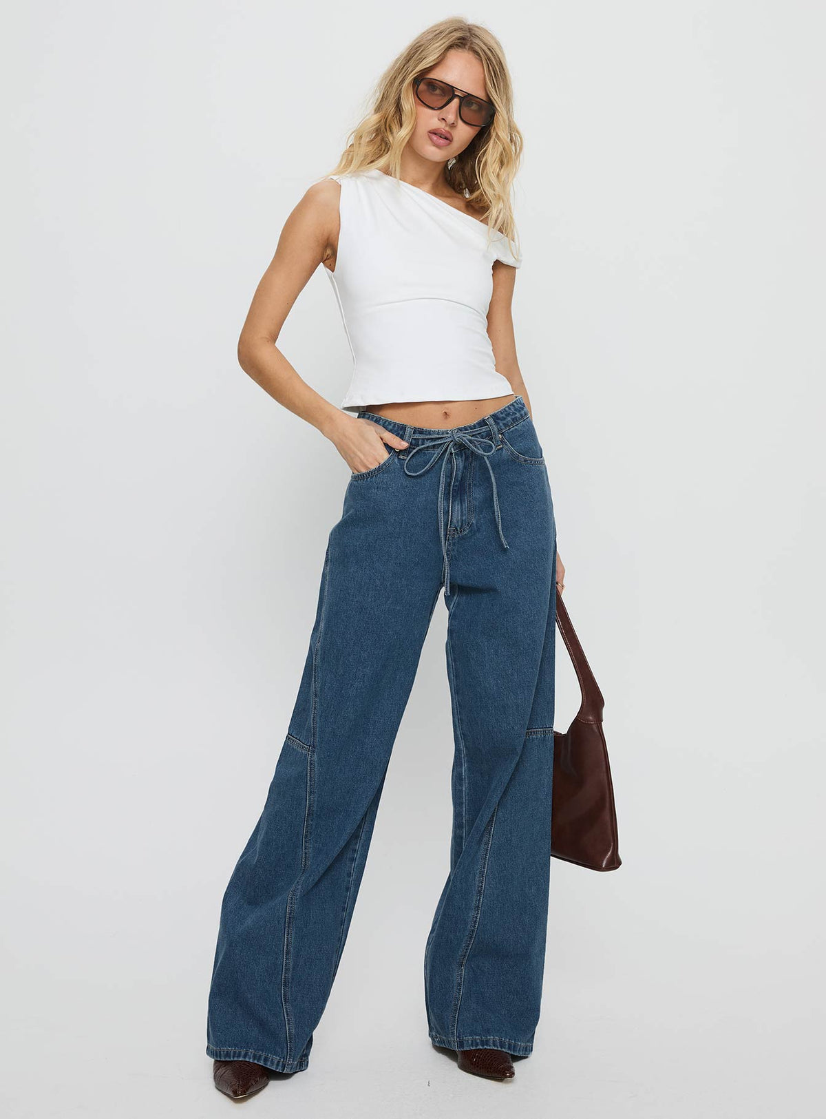 Bruiser Tie Waist Mid Rise Wide Leg Jeans Mid Blue Wash