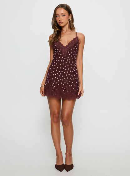Call My Lover Lace Slip Mini Dress Brown Polka Dot