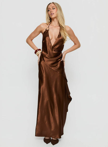 Annissa Plunge Halter Maxi Dress Dark Brown