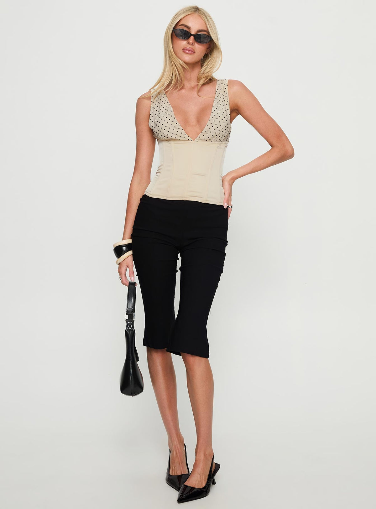 Briannah Contrast Corset Top Cream Polka Dot