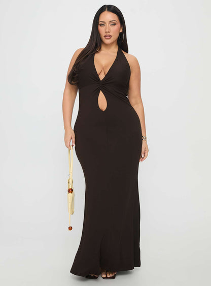 No Hard Feelings Twist Maxi Dress Brown Curve