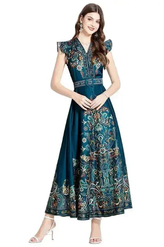 Floral Print V-Neck Dress with Belt - A-Line Style | Femstylo