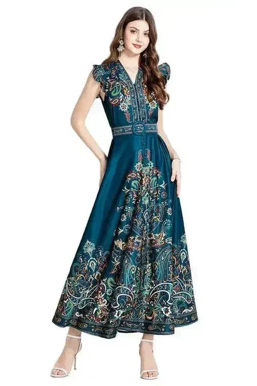 Floral Print V-Neck Dress with Belt - A-Line Style | Femstylo