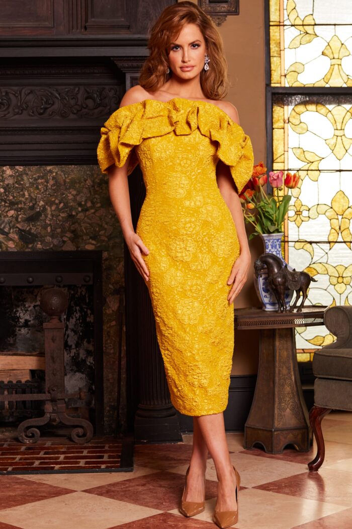 Jovani 23848 Tea Length Ruffle Mustard Formal Dress