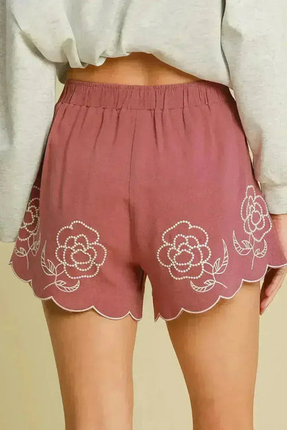 Umgee Full Size Linen Blend Shorts with Floral Embroidered Details