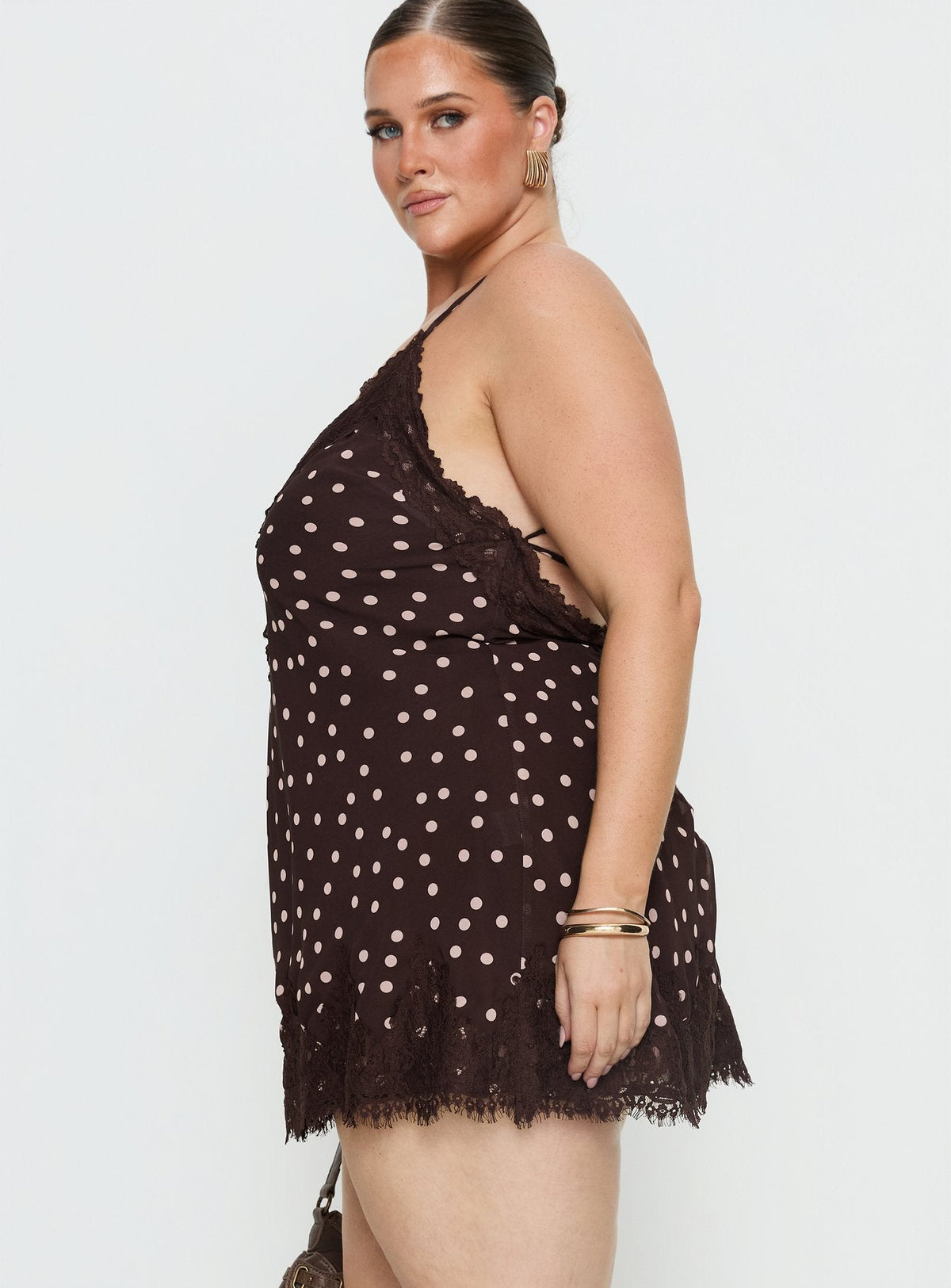Call My Lover Lace Slip Mini Dress Brown Polka Curve