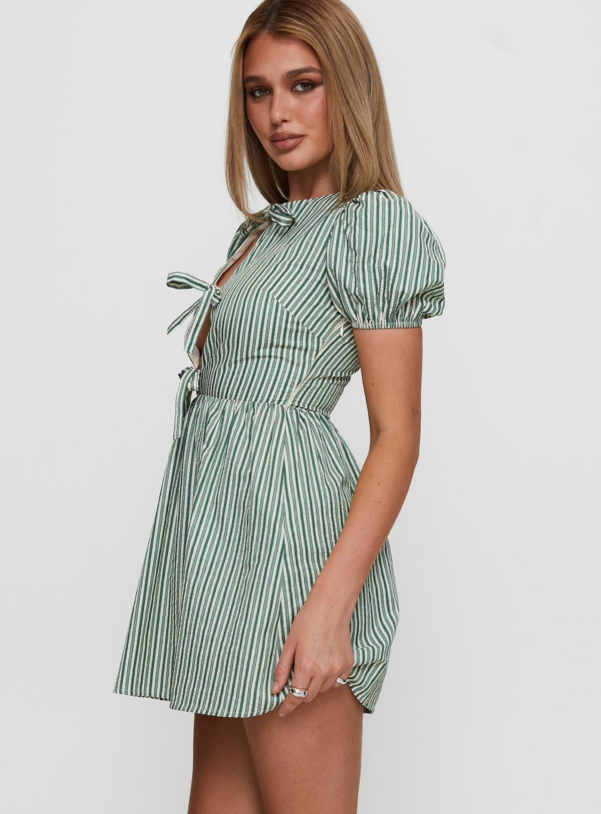 Nurture Bow Mini Dress Green Stripe